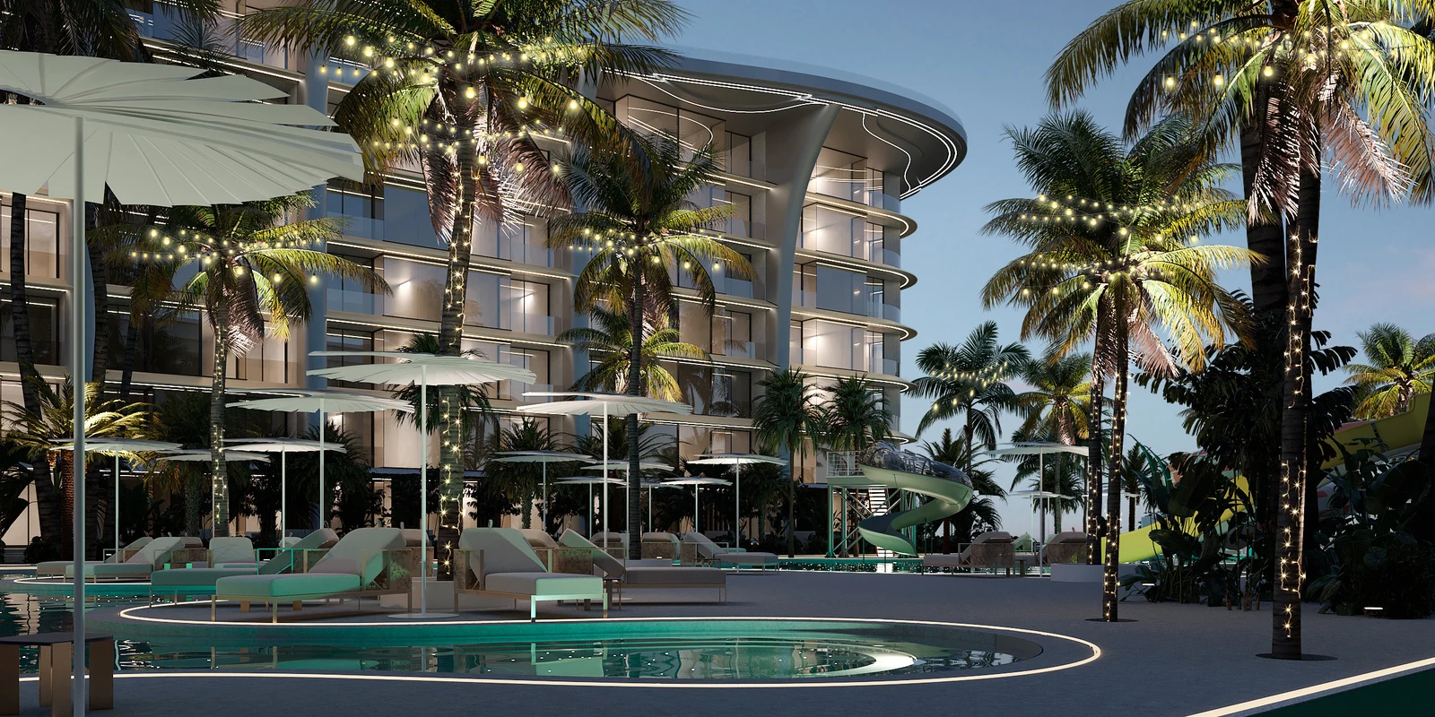 Andaman City evening architectural rendering with illuminated balconies and pools